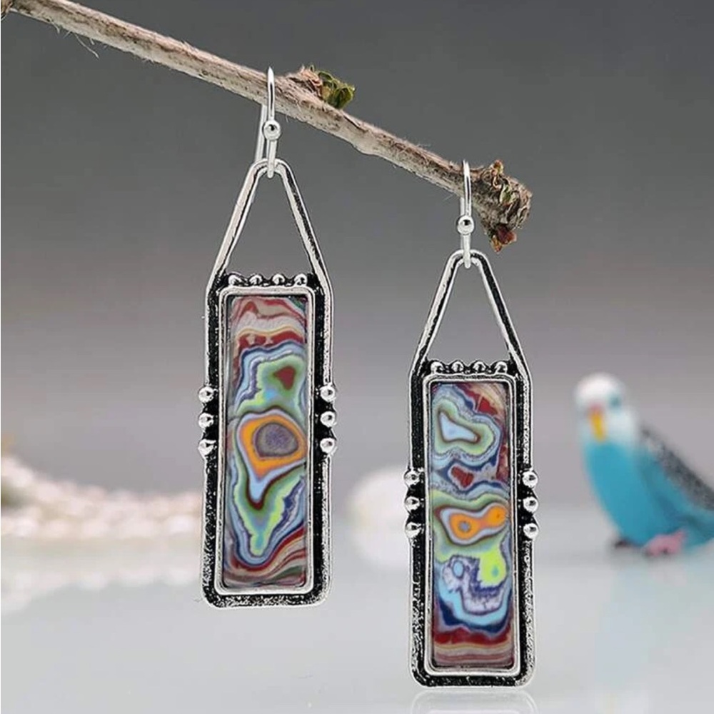 Multi-Color Rectangular Drop Earrings - Colorful Swirl Design - Picture 2 of 5